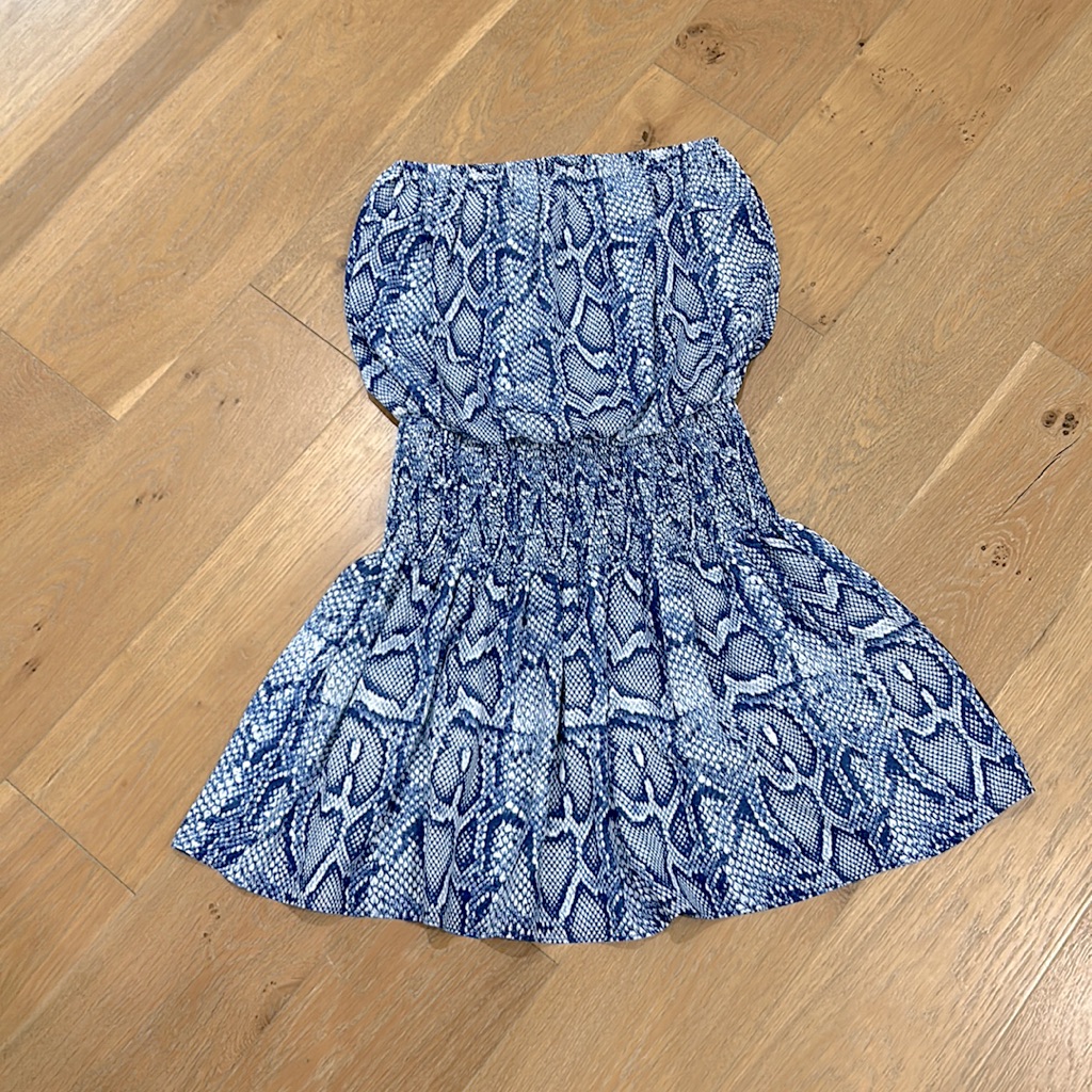 New With Tags Glam Small Strapless Blue/White Animal Print Dress